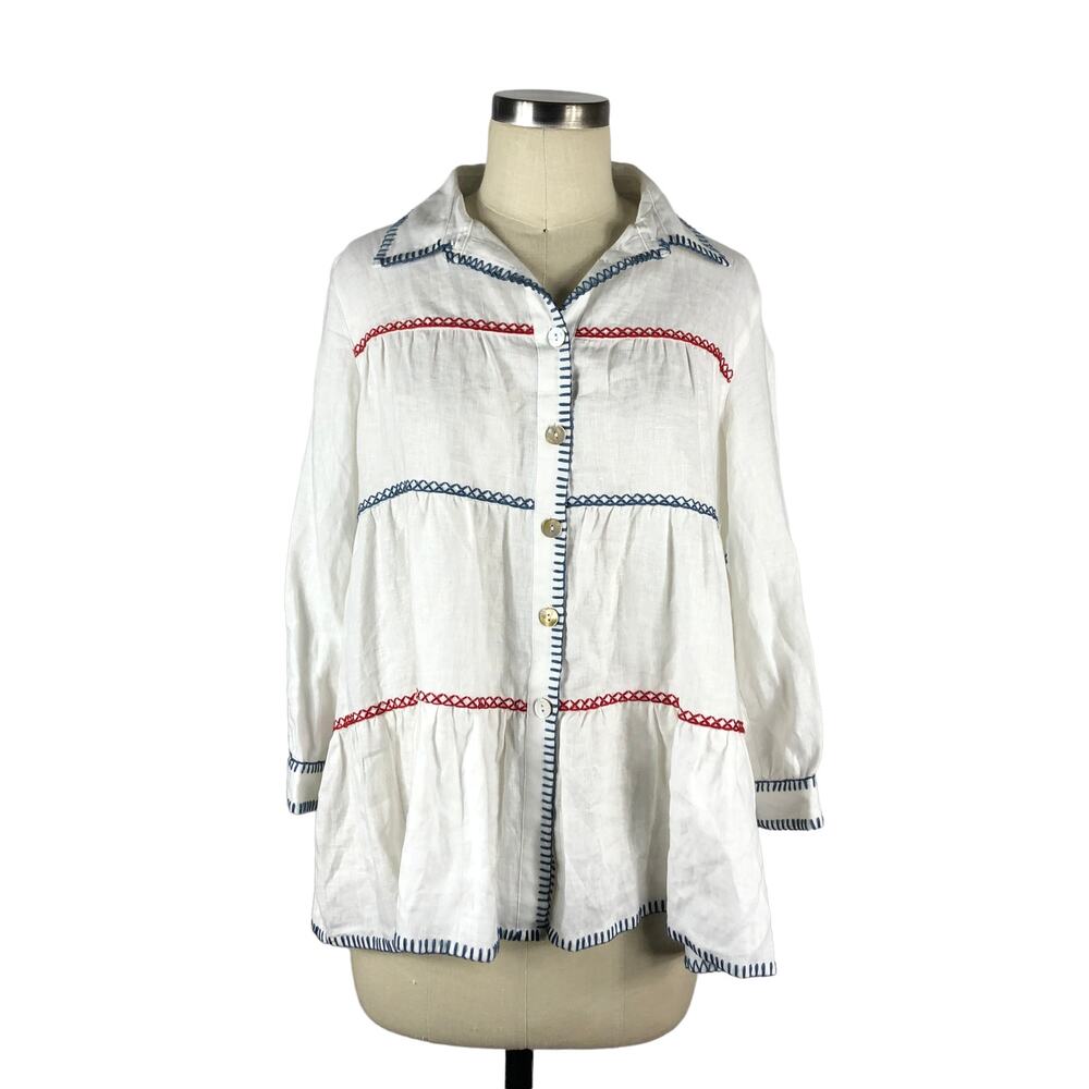 JOHN MARK Blouse White Linen Red Blue Embroidered‎ Button Down Top Size Small